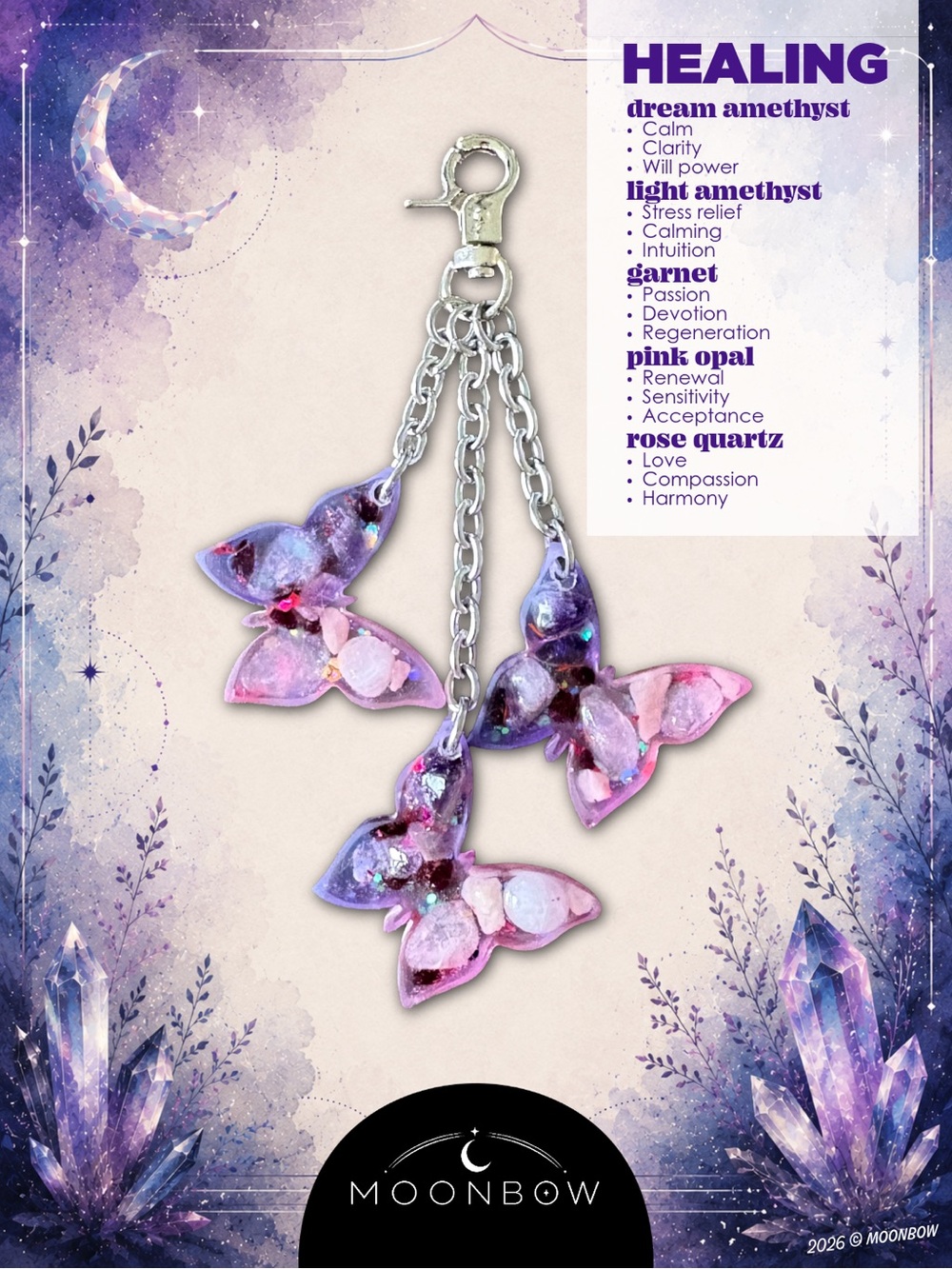 Moonbow Handmade Charm - Amethyst, Garnet, Rose Quartz, Pink Opal